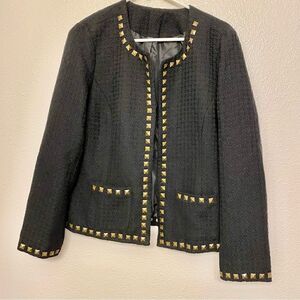 Fashion Blazer black goth thick textured no collar bronze studded suit jacket  M